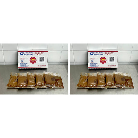 Two Cincinnati Chili Company 5-packs of 4-oz chili spice packets with Priority Mail boxes