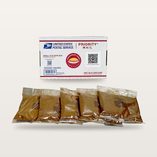 Cincinnati Chili Company 5-pack: five 4-oz chili spice packets with the USPS Priority Mail Small Flat Rate box they ship in