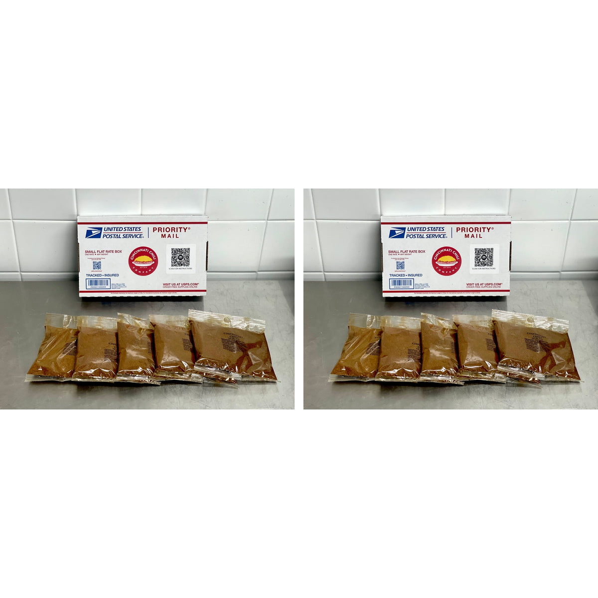 Two Cincinnati Chili Company 5-packs of 4-oz chili spice packets with Priority Mail boxes